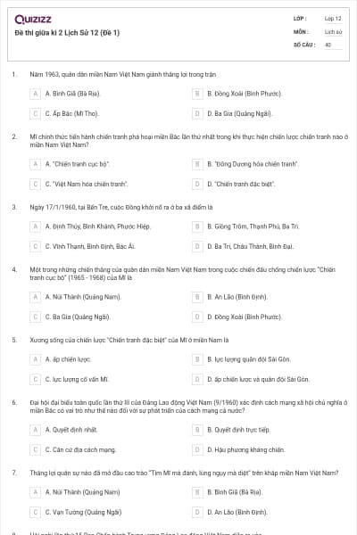 Đề thi giữa kì 2 Lịch Sử 12 (Đề 1)