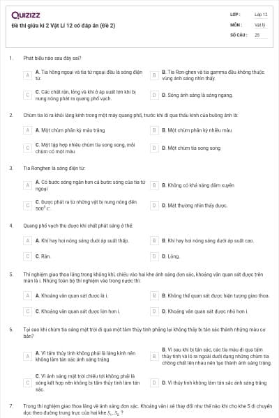 Đề thi giữa kì 2 Vật Lí 12 có đáp án (Đề 2)