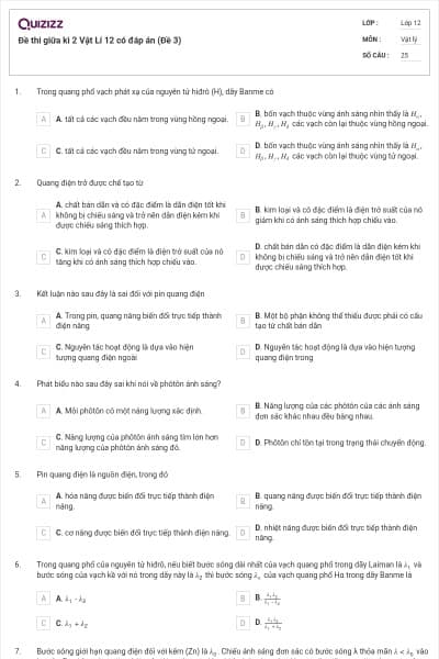 Đề thi giữa kì 2 Vật Lí 12 có đáp án (Đề 3)