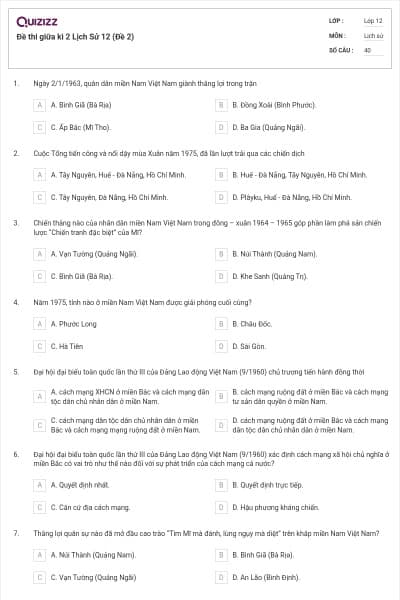 Đề thi giữa kì 2 Lịch Sử 12 (Đề 2)