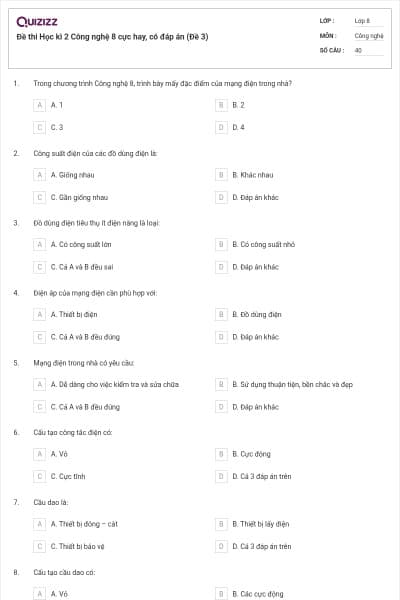 Đề thi Học kì 2 Công nghệ 8 cực hay, có đáp án (Đề 3)