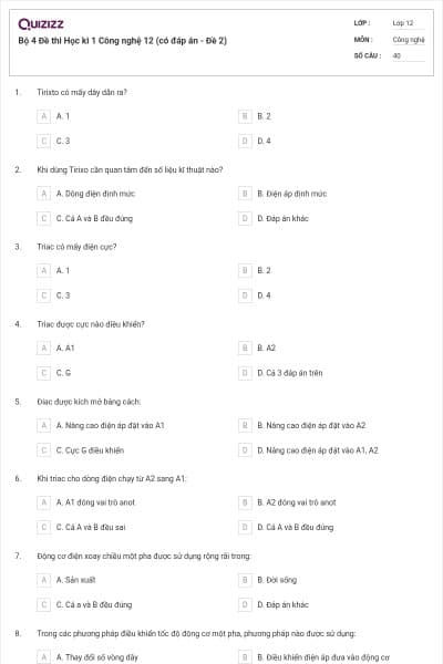 Bộ 4 Đề thi Học kì 1 Công nghệ 12 (có đáp án - Đề 2)