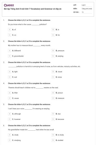Bài tập Tiếng Anh 8 mới Unit 7 Vocabulary and Grammar có đáp án