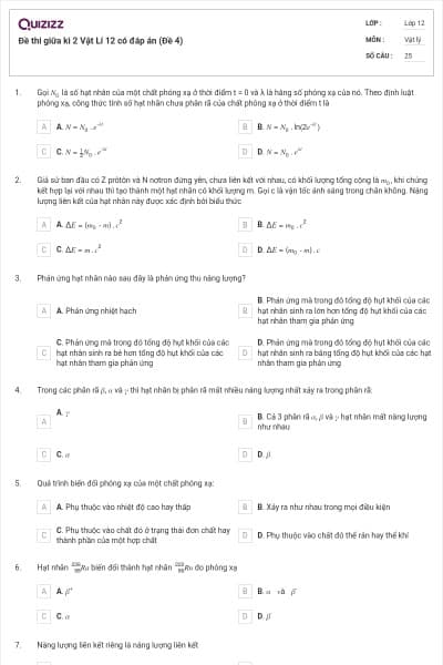 Đề thi giữa kì 2 Vật Lí 12 có đáp án (Đề 4)