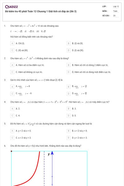 Đề kiểm tra 45 phút Toán 12 Chương 1 Giải tích có đáp án (Đề 3)