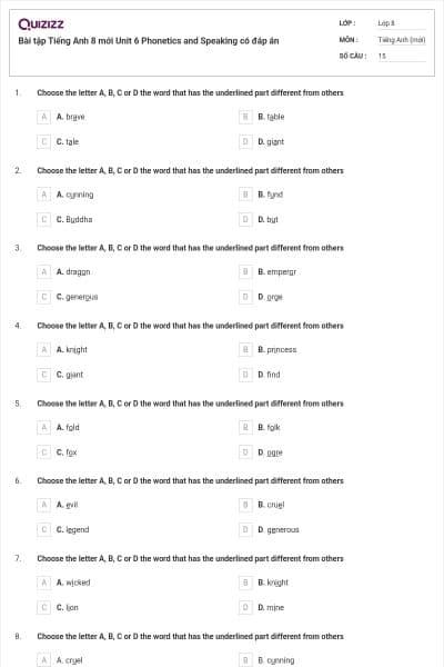 Bài tập Tiếng Anh 8 mới Unit 6 Phonetics and Speaking có đáp án