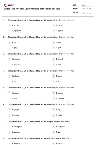 Bài tập Tiếng Anh 8 mới Unit 8 Phonetics and Speaking có đáp án