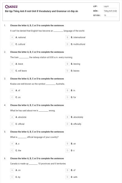 Bài tập Tiếng Anh 8 mới Unit 8 Vocabulary and Grammar có đáp án