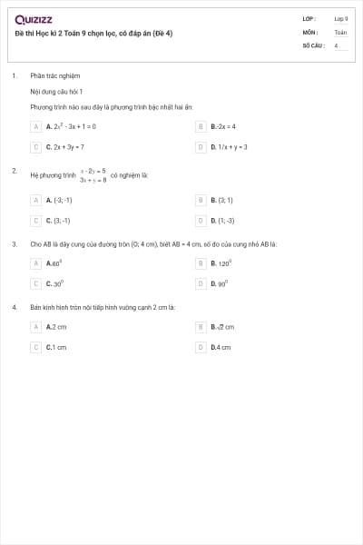 Đề thi Học kì 2 Toán 9 chọn lọc, có đáp án (Đề 4)