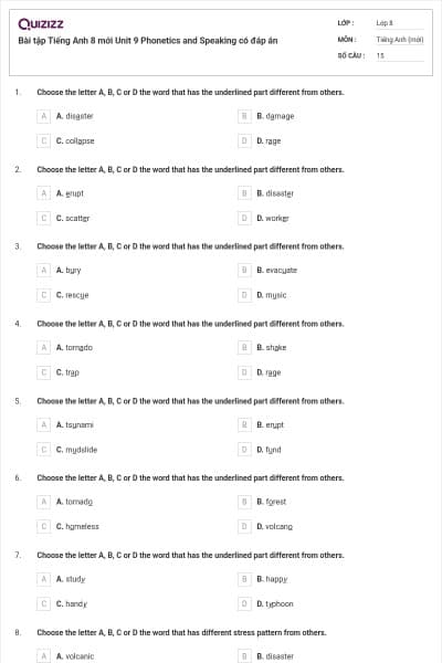 Bài tập Tiếng Anh 8 mới Unit 9 Phonetics and Speaking có đáp án