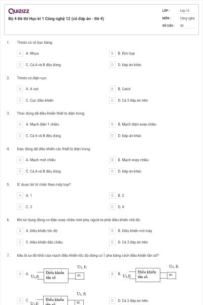 Bộ 4 Đề thi Học kì 1 Công nghệ 12 (có đáp án - Đề 4)