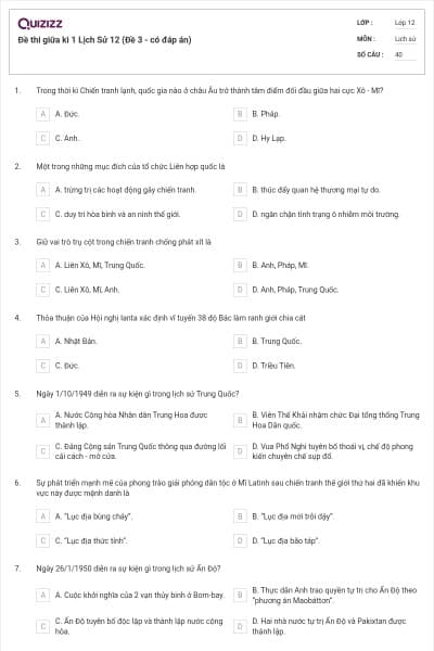 Đề thi giữa kì 1 Lịch Sử 12 (Đề 3 - có đáp án)