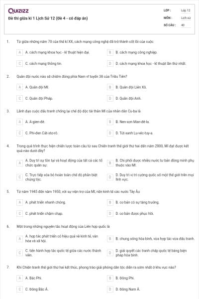 Đề thi giữa kì 1 Lịch Sử 12 (Đề 4 - có đáp án)