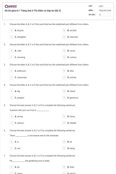 Đề thi giữa kì 1 Tiếng Anh 6 Thí điểm có đáp án (Đề 3)