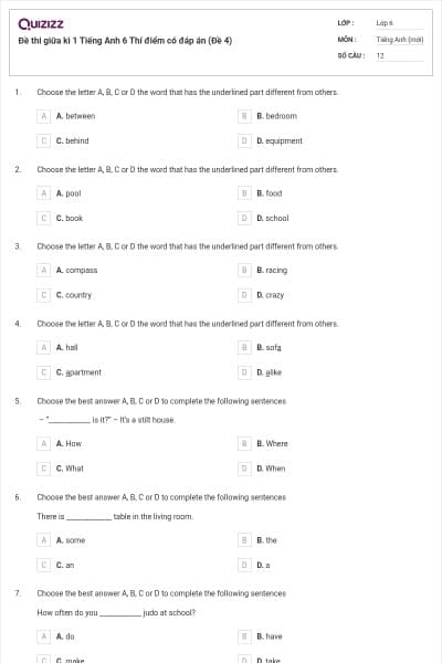 Đề thi giữa kì 1 Tiếng Anh 6 Thí điểm có đáp án (Đề 4)