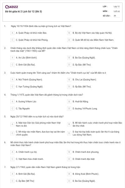 Đề thi giữa kì 2 Lịch Sử 12 (Đề 3)