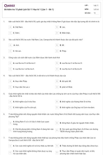 Đề kiểm tra 15 phút Lịch Sử 11 Học kì 1 (Lần 1 - Đề 1)
