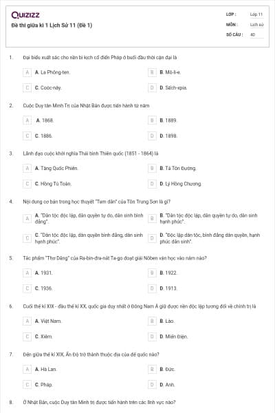 Đề thi giữa kì 1 Lịch Sử 11 (Đề 1)
