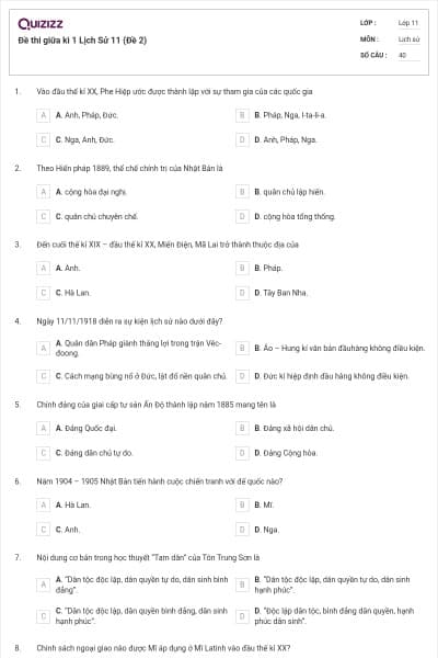 Đề thi giữa kì 1 Lịch Sử 11 (Đề 2)