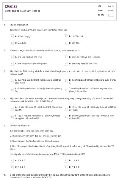 Đề thi giữa kì 1 Lịch Sử 11 (Đề 3)