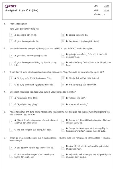 Đề thi giữa kì 1 Lịch Sử 11 (Đề 4)