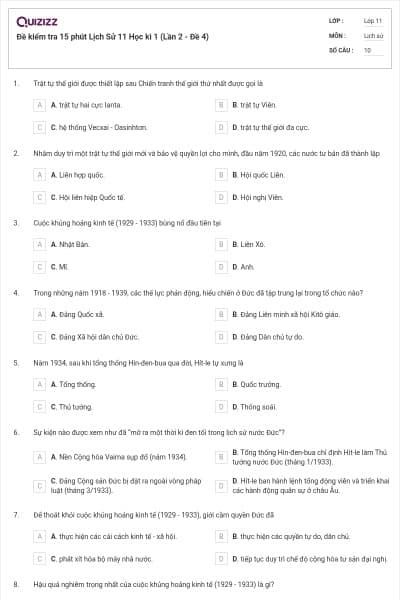 Đề kiểm tra 15 phút Lịch Sử 11 Học kì 1 (Lần 2 - Đề 4)