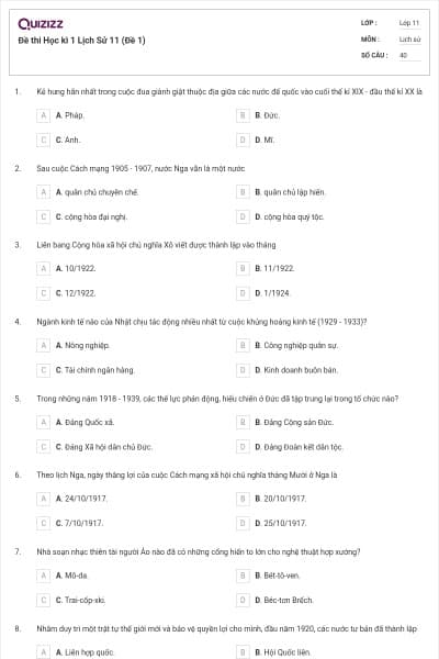 Đề thi Học kì 1 Lịch Sử 11 (Đề 1)