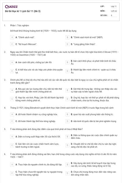 Đề thi Học kì 1 Lịch Sử 11 (Đề 3)