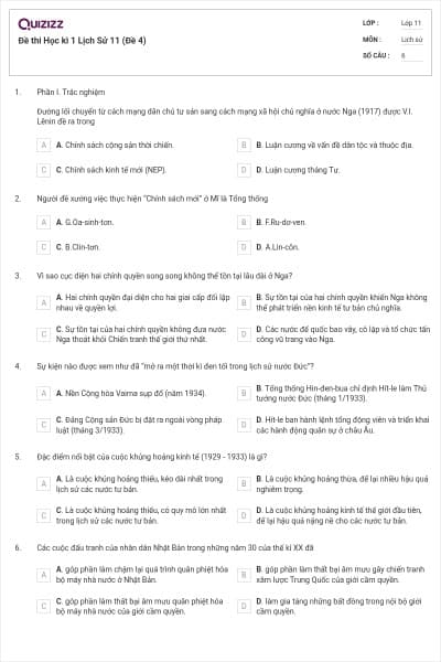 Đề thi Học kì 1 Lịch Sử 11 (Đề 4)