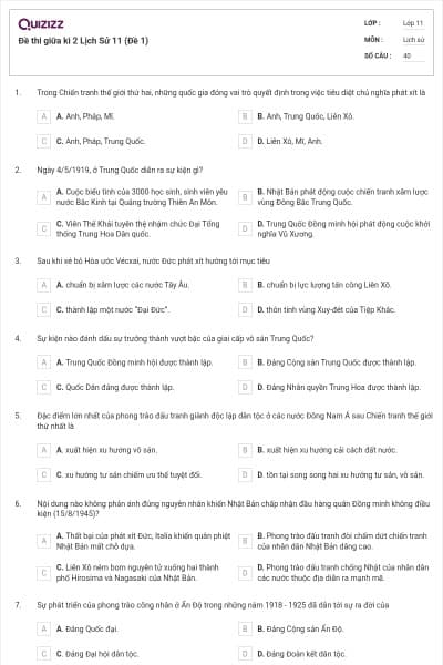 Đề thi giữa kì 2 Lịch Sử 11 (Đề 1)