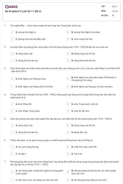 Đề thi giữa kì 2 Lịch Sử 11 (Đề 2)