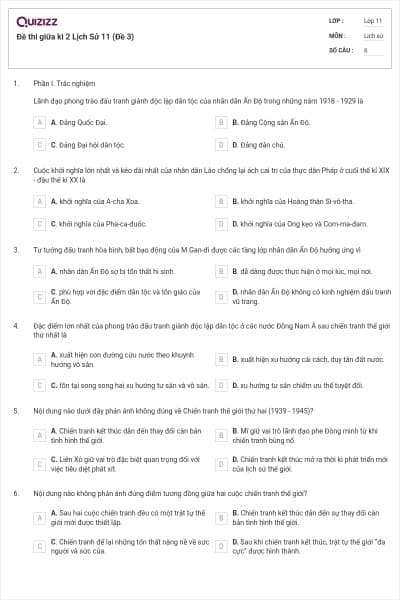 Đề thi giữa kì 2 Lịch Sử 11 (Đề 3)