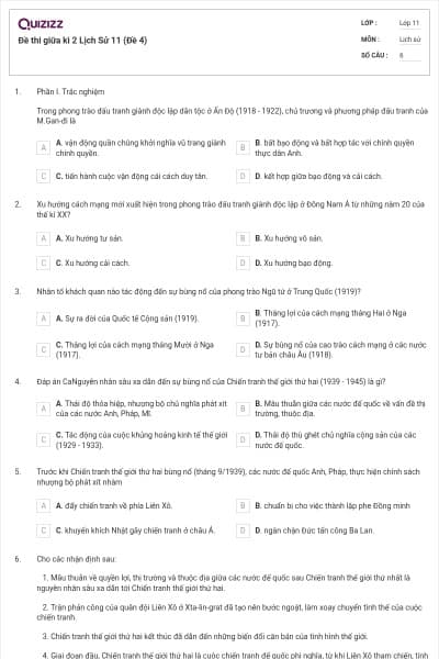 Đề thi giữa kì 2 Lịch Sử 11 (Đề 4)