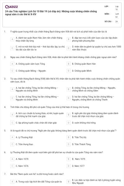 24 câu Trắc nghiệm Lịch Sử 10 Bài 19 (có đáp án): Những cuộc kháng chiến chống ngoại xâm ở các thế kỉ X-XV