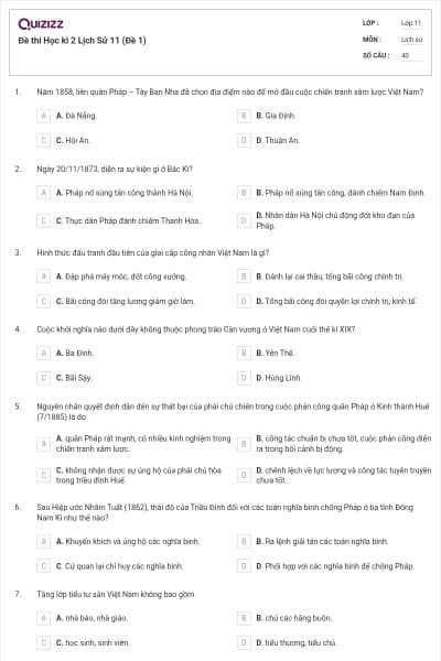 Đề thi Học kì 2 Lịch Sử 11 (Đề 1)