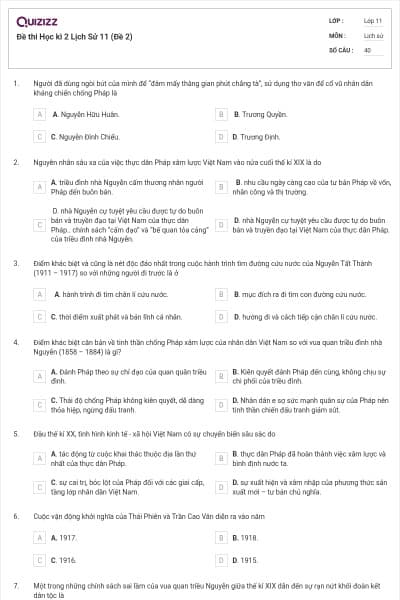 Đề thi Học kì 2 Lịch Sử 11 (Đề 2)