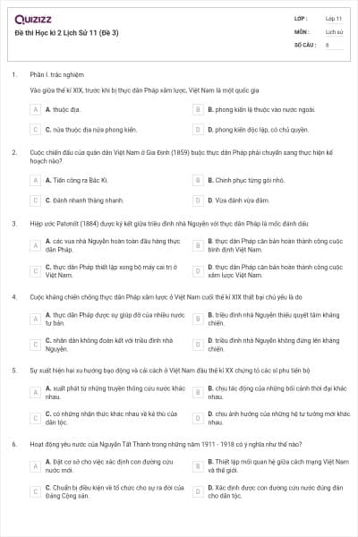 Đề thi Học kì 2 Lịch Sử 11 (Đề 3)