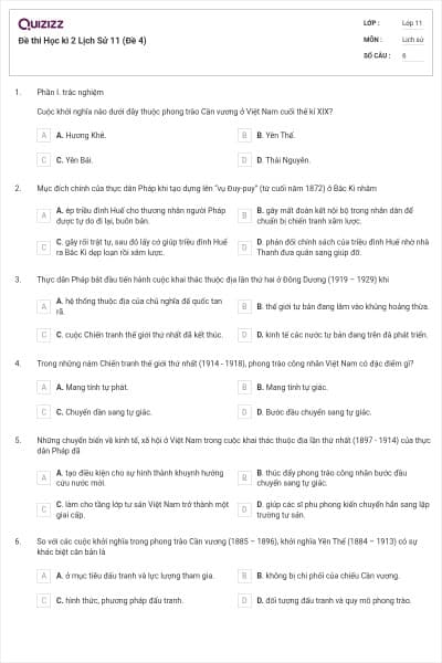 Đề thi Học kì 2 Lịch Sử 11 (Đề 4)