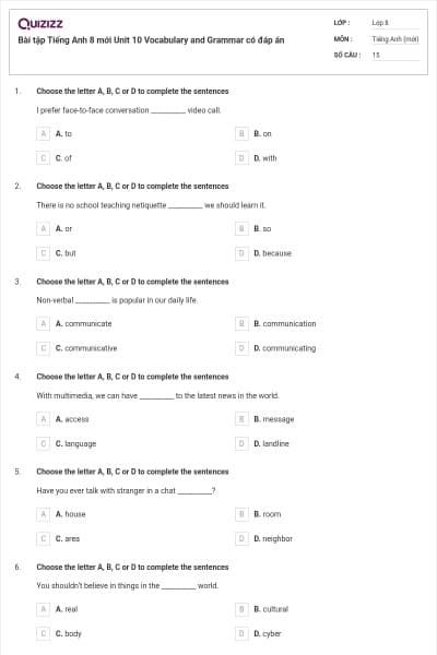 Bài tập Tiếng Anh 8 mới Unit 10 Vocabulary and Grammar có đáp án