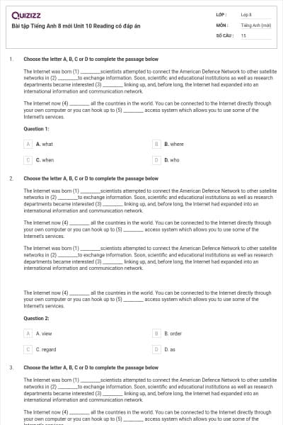 Bài tập Tiếng Anh 8 mới Unit 10 Reading có đáp án