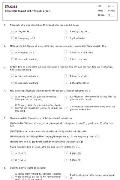 Đề kiểm tra 15 phút Sinh 12 Học kì 2 (Đề 4)