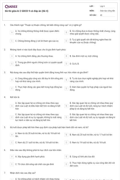 Đề thi giữa kì 2 GDCD 9 có đáp án (Đề 4)