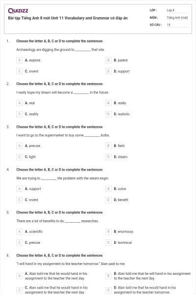 Bài tập Tiếng Anh 8 mới Unit 11 Vocabulary and Grammar có đáp án