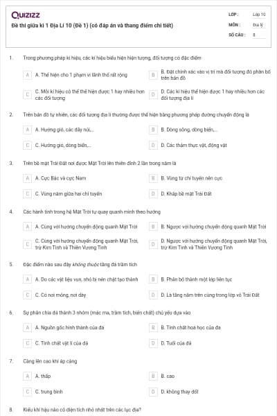 Đề thi giữa kì 1 Địa Lí 10 (Đề 1) (có đáp án và thang điểm chi tiết)