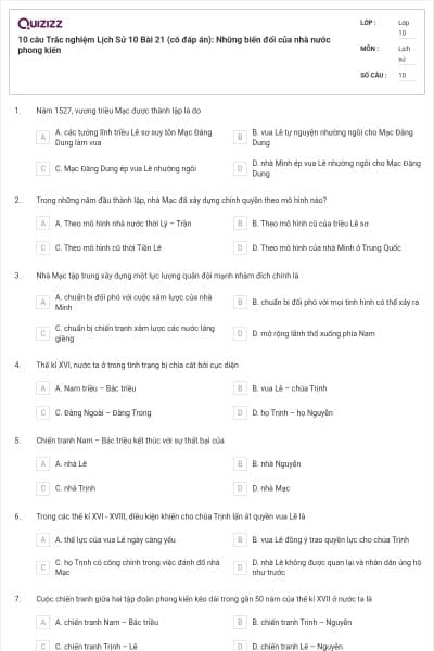 10 câu Trắc nghiệm Lịch Sử 10 Bài 21 (có đáp án): Những biến đổi của nhà nước phong kiến