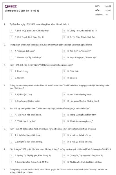 Đề thi giữa kì 2 Lịch Sử 12 (Đề 4)