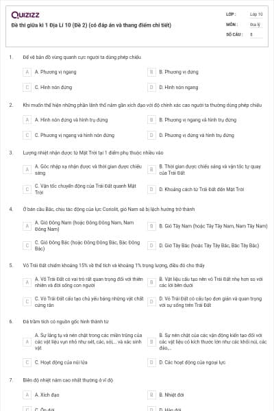 Đề thi giữa kì 1 Địa Lí 10 (Đề 2) (có đáp án và thang điểm chi tiết)