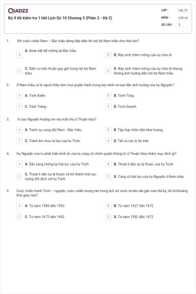 Bộ 4  Đề kiểm tra 1 tiết Lịch Sử 10 Chương 3 (Phần 2 - Đề 2)