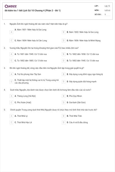 Đề kiểm tra 1 tiết Lịch Sử 10 Chương 4 (Phần 2 - Đề 1)