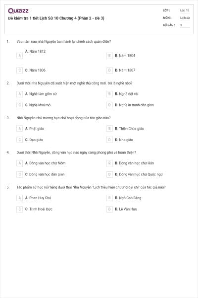 Đề kiểm tra 1 tiết Lịch Sử 10 Chương 4 (Phần 2 - Đề 3)
